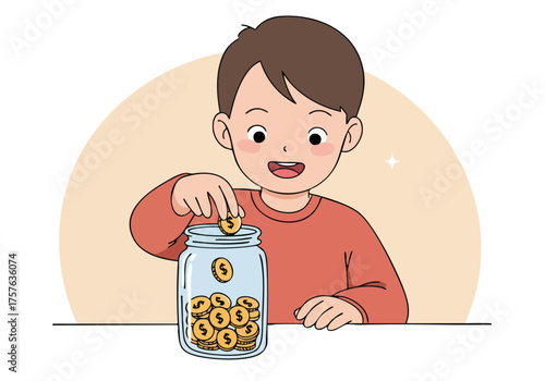 A young boy happily saves coins in a jar. A simple, heartwarming illustration with a focus on saving and financial literacy. Bright, cheerful colors and a clear composition.