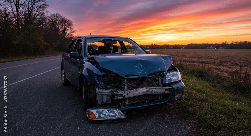 Fototapeta premium Damaged car sits on the side of a road at sunset, front end smashed and headlight detached.