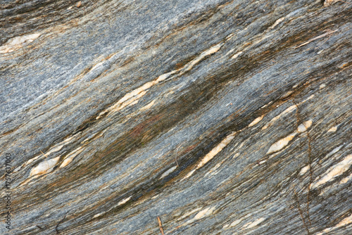 Close up of rock surface, gneissic banding, alternation of mafic and felsic minerals
