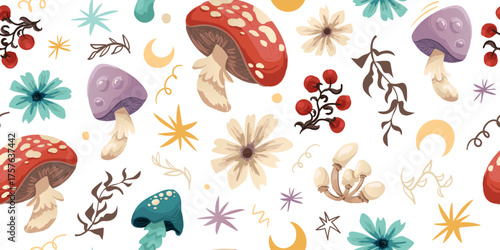 Seamless boho mushroom vector pattern with autumn forest fungi, leaves, and flowers. Mystical folk art background for fabric, wallpaper, packaging. Cozy vintage woodland style.