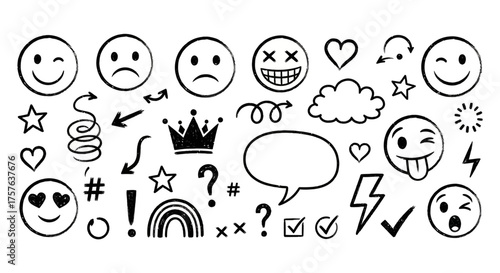 Dynamic hand-drawn doodle collection with expressive emoticons, arrows, stars, hearts, and diverse graphic symbols, perfect for adding a playful, artistic touch to any creative project