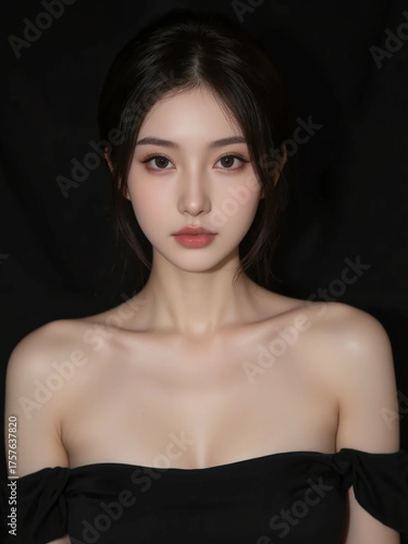 A Japanese woman with long hair wearing a black dress. Generative AI