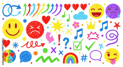 Vibrant Hand-Drawn Emoji and Doodle Collection A Playful Assortment of Colorful Arrows, Hearts, and Expression Symbols for Creative Design Projects and Digital Communication