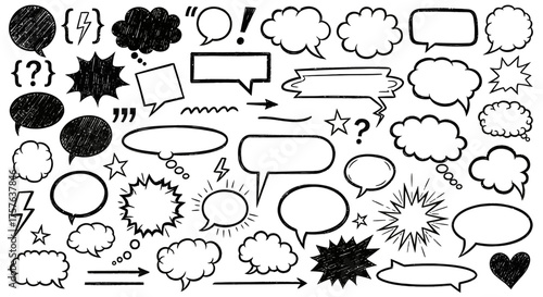 Hand-drawn doodle style collection of speech bubbles, thought clouds, comic book elements, question marks, and exclamation signs for communication, dialogue, and visual design projects