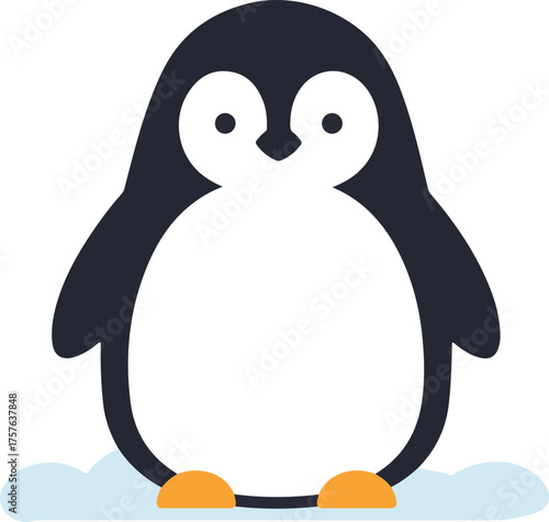 Cute cartoon penguin on snowy icy winter landscape