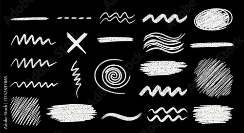 Versatile set of hand-drawn chalk-style graphic elements, including diverse lines, squiggles, crosses, spirals, and textured shading on a black background