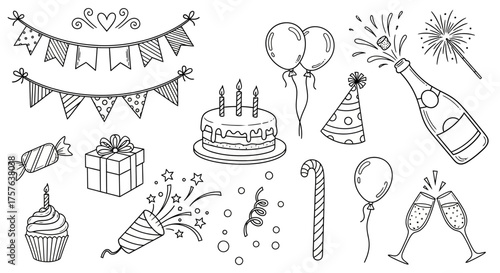 Festive hand-drawn birthday celebration doodle set with playful party elements balloons, cake, gifts, champagne, confetti, and decorative banners for event design