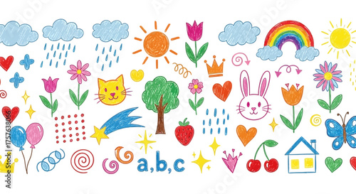 Colorful Hand-Drawn Doodle Set with Playful Nature, Cute Animals, Learning Elements, and Everyday Objects for Children's Creative Designs