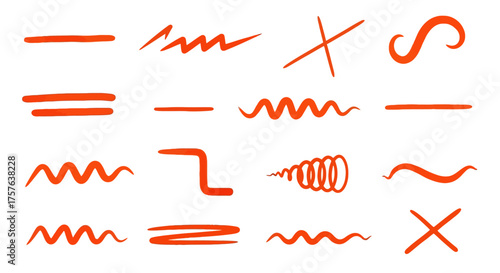 Diverse set of hand-drawn red lines, underlines, squiggles, and marker strokes. Perfect for highlighting, emphasis, or decorative design in creative projects and digital media