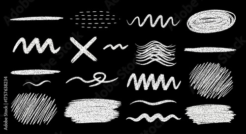 Versatile set of hand-drawn chalk and crayon strokes, featuring textured scribbles, expressive lines, and abstract graphic elements on a dark background, perfect for creative design overlays