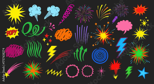 Dynamic Collection of Hand-Drawn Graphic Elements with Vibrant Burst Shapes, Sparkling Stars, Electric Lightning Bolts, Comic Speech Bubbles, and Doodle Accents