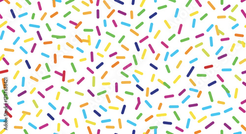 Dynamic and cheerful seamless pattern with a delightful scattering of rainbow-colored confectionery sprinkles, creating a vibrant background for festive designs and sweet celebrations