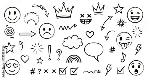 Hand-drawn doodle elements emojis, arrows, crowns, hearts, stars, squiggles, and symbols. Perfect for creative designs