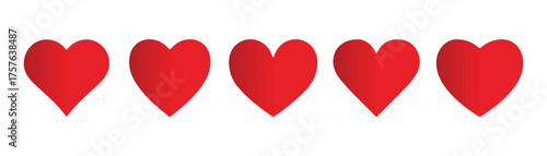 Row of five red hearts on a white background