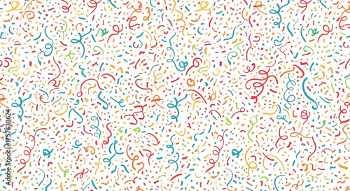 Vibrant and Festive Seamless Confetti and Streamer Pattern for Celebrations, Parties, and Joyful Occasions – Colorful Abstract Background Design Element for Events and Happy Moments