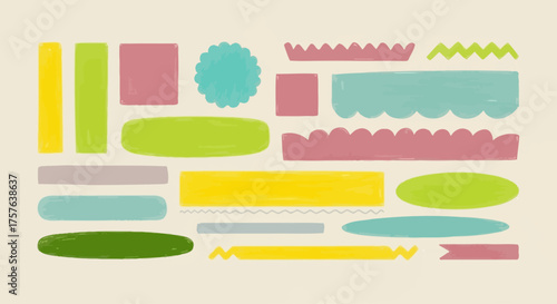 Whimsical Hand-Drawn Pastel Shapes and Textured Decorative Elements Collection for Creative Design Projects, Including Rectangles, Ovals, and Scalloped Borders