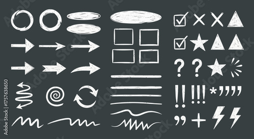 Dynamic Chalkboard Style Graphic Elements Collection for Design and Annotation Projects – Hand-Drawn Arrows, Shapes, Frames, and Essential Communication Symbols Set