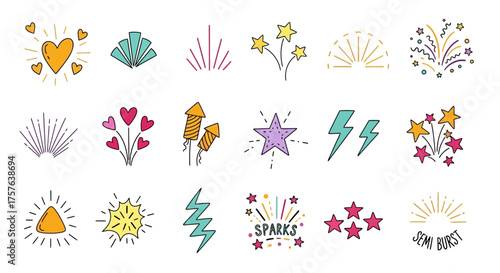 Vibrant Hand-Drawn Celebration Doodles and Festive Elements Vector Set - Featuring Sparkling Bursts, Hearts, Stars, and Firework-Inspired Icons for Parties and Special Occasions