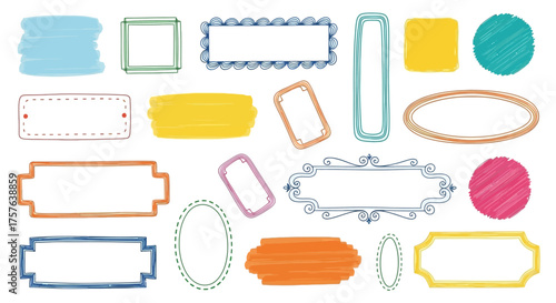 Vibrant assortment of hand-drawn frames, scribble labels, and textured brush strokes, offering a whimsical and organic touch for creative design and decorative accents