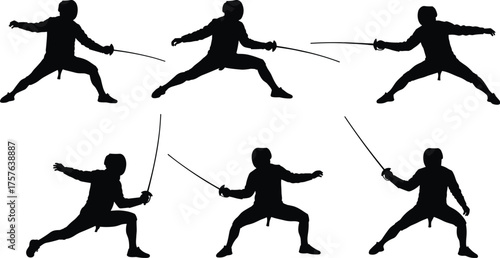 Fencing athlete silhouette collection, fencer in en garde and lunge attack poses, sword fighting sport, competitive combat, training, precision, and strategy.