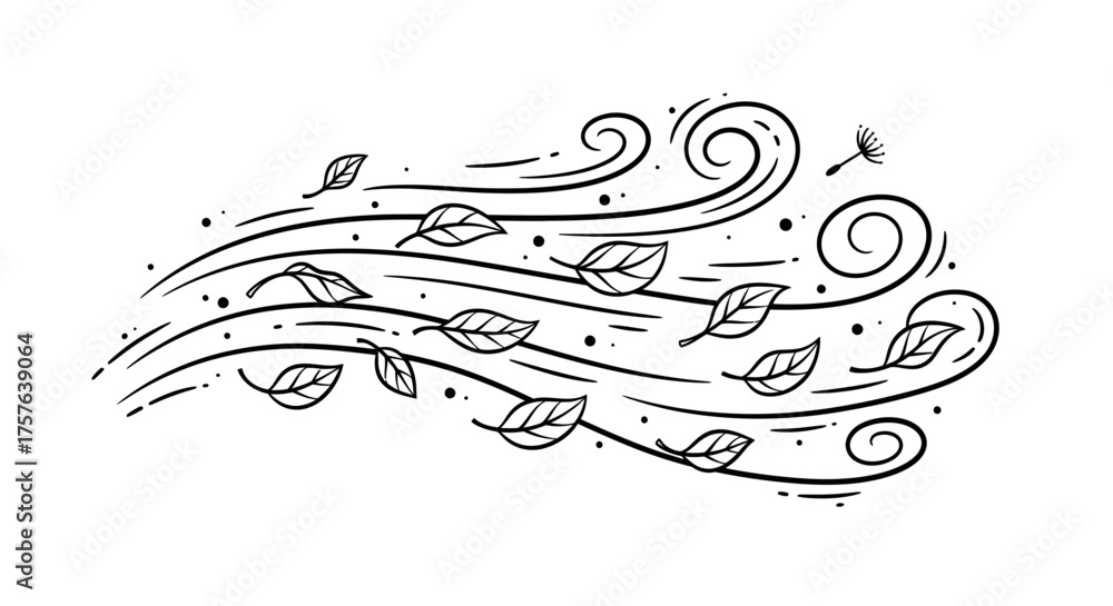 Fototapeta premium Stylized hand-drawn illustration depicting strong wind currents carrying autumn leaves and a dandelion seed, symbolizing weather change, seasonal movement, and natural forces