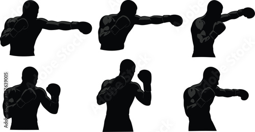 Boxer punching silhouette collection, fighter throwing a straight jab, boxing action poses, muscular athlete training illustration, combat sport energy.