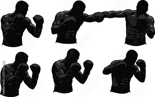 Boxer punching silhouette collection, fighter throwing a straight jab, boxing action poses, muscular athlete training illustration, combat sport energy.