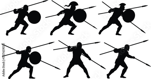 Ancient Greek hoplite warrior silhouette collection, Spartan soldiers fighting with spear and shield, historical combat poses, phalanx formation illustration, military history.