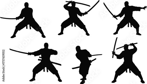 Samurai warrior silhouette collection, traditional Japanese swordsman in fighting stances, katana sword action poses, martial arts training illustration, ancient weapon mastery.