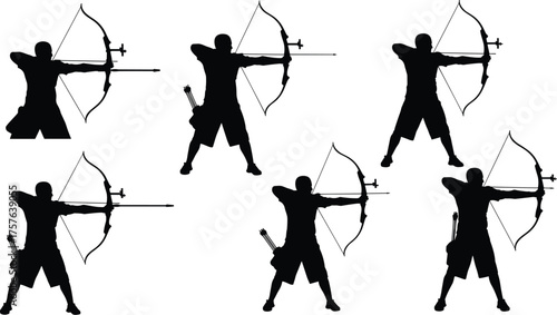 Archery athlete silhouette set, aiming and shooting with a recurve bow, target practice collection, bowman training illustration, sport competition focus.