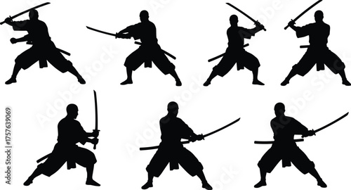 Samurai warrior silhouette collection, traditional Japanese swordsman in fighting stances, katana sword action poses, martial arts training illustration, ancient weapon mastery.