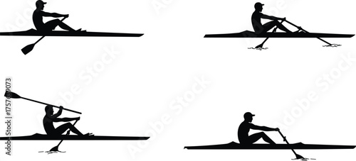 Rowing team silhouette collection, various sculling and sweep rowing actions, rowers on water sport illustration, competitive boat race, fitness and teamwork concept.