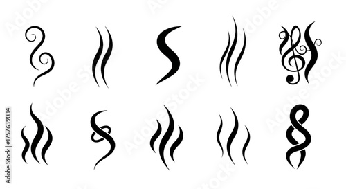 Diverse vector icon set of abstract flowing lines, swirls, and waves representing steam, aroma, and sound, ideal for graphic design, UI/UX, and conceptual branding elements
