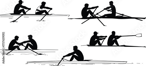Rowing team silhouette collection, various sculling and sweep rowing actions, rowers on water sport illustration, competitive boat race, fitness and teamwork concept.