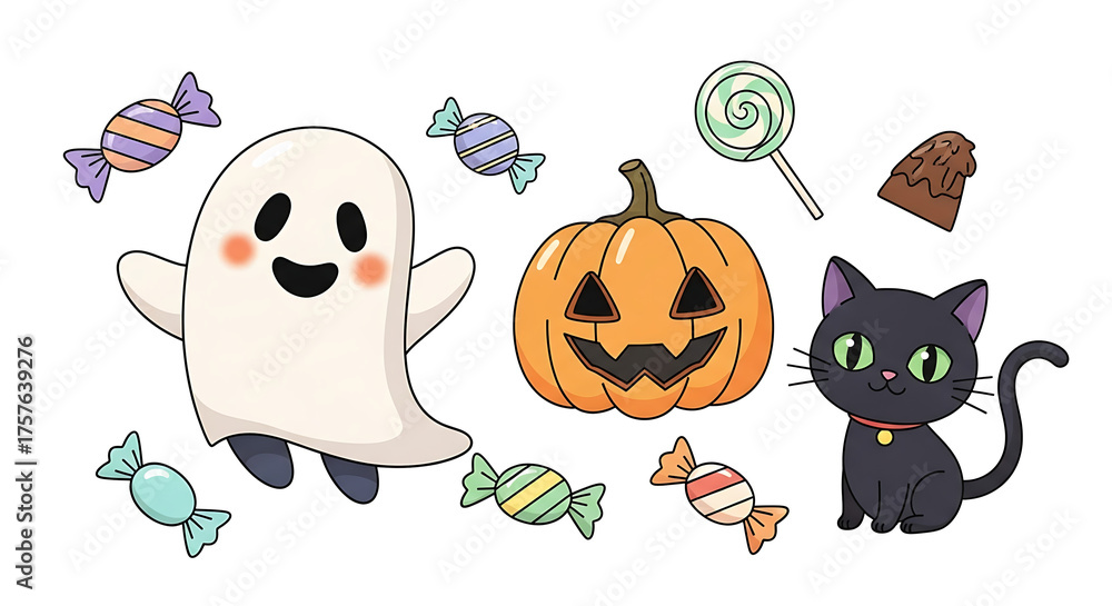 Fototapeta premium Cute Halloween Ghost, Pumpkin, and Black Cat with Candy Illustrations, perfect for spooky festive decorations and invitations