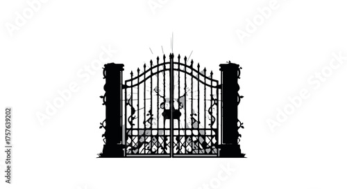 Elegant wrought iron gate stands open, inviting entry into a mysterious estate or garden.