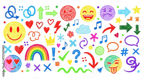 Vibrant hand-drawn doodle collection featuring playful emojis, diverse symbols, and abstract elements in a colorful, crayon-like style, ideal for expressive designs