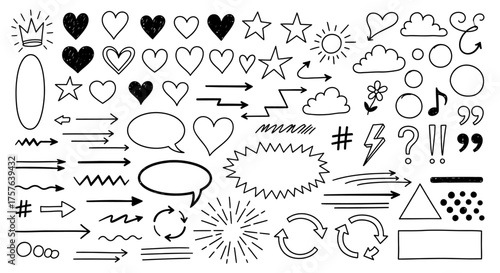 Extensive hand-drawn doodle sketch elements collection featuring versatile arrows, stars, hearts, speech bubbles, sun, clouds, and diverse graphic symbols for creative projects