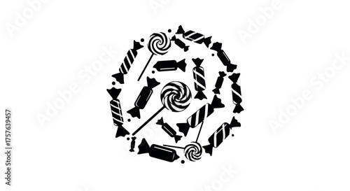 Whimsical arrangement of assorted candies and lollipops forming a playful circular pattern.