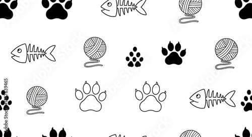 Seamless Pet Pattern with Playful Paw Prints, Fish Bones, and Yarn Balls on White Background - Ideal for Animal Lover Designs, Fabric Prints, and Digital Graphics