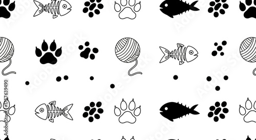 Playful black and white seamless pattern featuring stylized cat paw prints, fish skeletons, yarn balls, and simple fish silhouettes, ideal for pet-themed designs and textiles