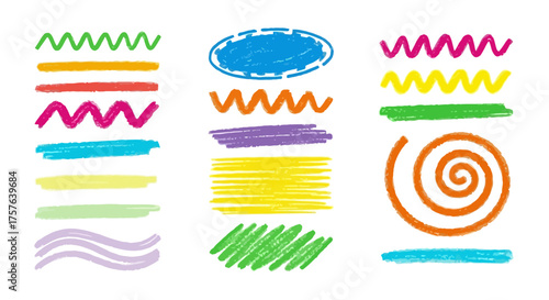 Vibrant collection of hand-drawn marker and crayon lines, squiggles, and textured shapes, ideal for playful graphic design, artistic backgrounds, or decorative accents