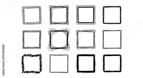 Collection of hand-drawn square frames, diverse sketchy doodle borders and artistic grunge textures. Ideal for creative graphic design accents and unique visual flair