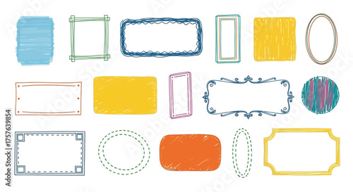 Artistic set of colorful, hand-sketched frames and various shaped borders with a charming watercolor texture, suitable for scrapbooking, labels, or graphic design projects