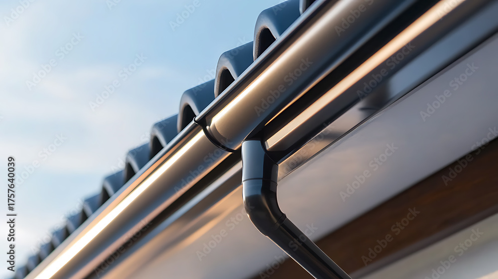Naklejka premium A sleek roof gutter with a glossy finish against a clear sky, seamlessly blending functionality and modern design, ensuring efficient water drainage with an aesthetic touch.