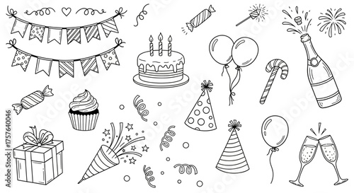 Hand-drawn doodle celebration party elements vector collection for festive events and special occasions, black and white outline illustration set