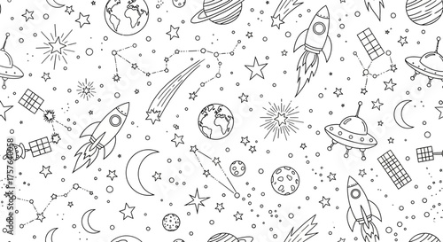 Engaging seamless space pattern illustration featuring charming hand-drawn rockets, planets, stars, and celestial bodies, ideal for playful cosmic-themed designs and backgrounds