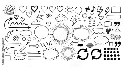 Hand-drawn doodle vector elements set for creative graphic design projects, featuring arrows, speech bubbles, hearts, stars, and abstract shapes for playful digital art compositions