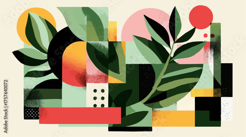 Modern geometric composition with green leaves and warm color accents, ideal for eco branding, presentations, web design, or sustainable concept visuals