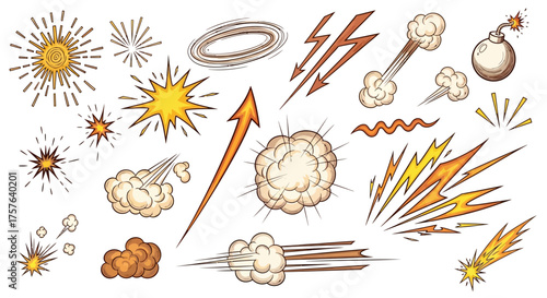 Dynamic cartoon visual effects collection featuring explosions, lightning bolts, and speed lines for impactful storytelling and dramatic action scenes in graphic design projects